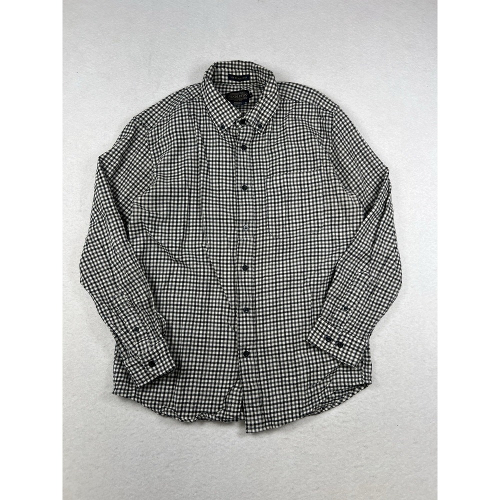 Pendleton SIR Shirt Mens Large Black Check‎ Virgin Wool Flannel Long Sleeve
